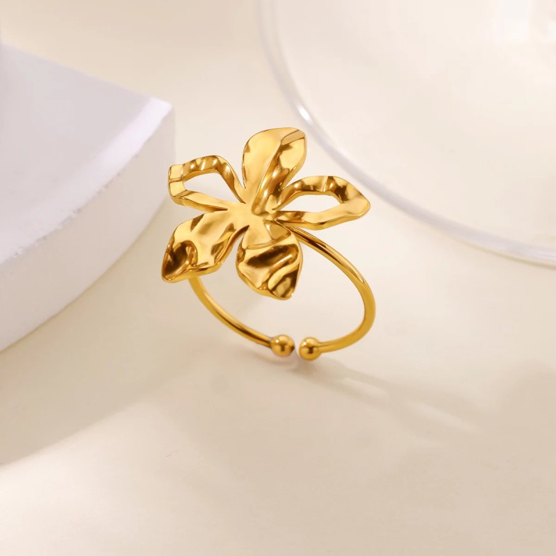 Cross-Border Simple New Style Stainless Steel Gold-Plated Flower Hollow Ring for Women Petal Ring Multi-Layer Titanium Steel Ring for Women