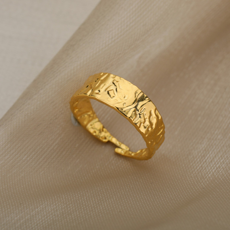 Minimalist Style Tin Foil Wrinkled Surface Trendy 18k Gold Plated Stainless Steel Wide Open Ring Unisex Ring