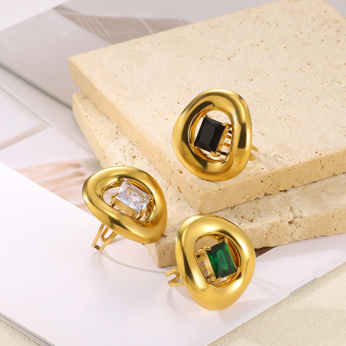 New Stainless Steel Pearl Zircon Ring for Women Sunflower Geometric Open Shell Ring
