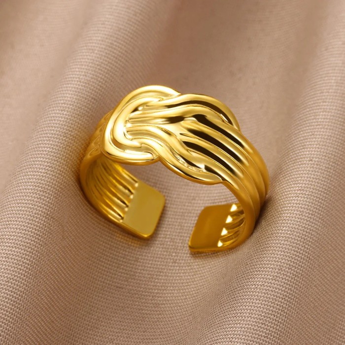 New Style Stainless Steel 18K Gold Plated Wide Band Ring for Women Double Layer Geometric Open Ring Jewelry Rings