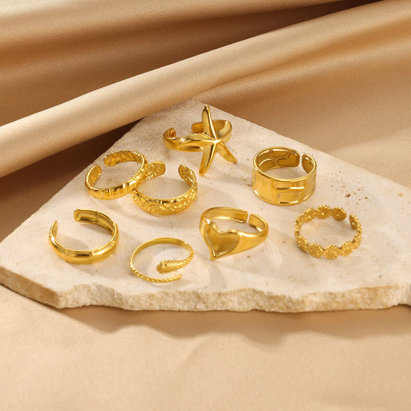 Amazon Simple New Women's Heart-shaped Ring Stainless Steel Gold-plated Snake Open Texture Starfish Ring Wholesale