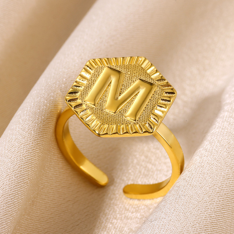 Cross-Border Hot Sale Hexagonal Stainless Steel 18K Gold Plated 26 English Letter Adjustable Open Ring