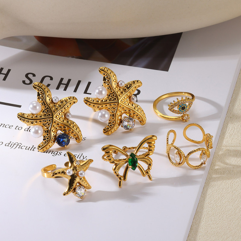 European and American Fashion Personality Ring Colorful Zircon Female Starfish Butterfly Stainless Steel Pearl Ring Wholesale