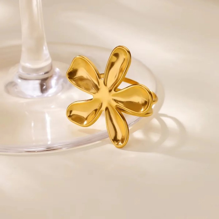 Simple New Style Stainless Steel Gold Plated Flower Hollow Ring for Women Petal Ring Multi-Layer Titanium Steel Ring...