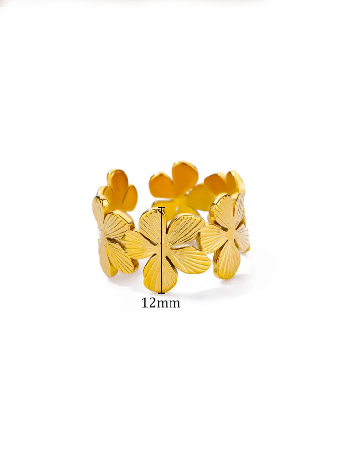 Fashion INS Style Simple Petal Stainless Steel Ring 18K Gold Plated Flower Adjustable Open Ring