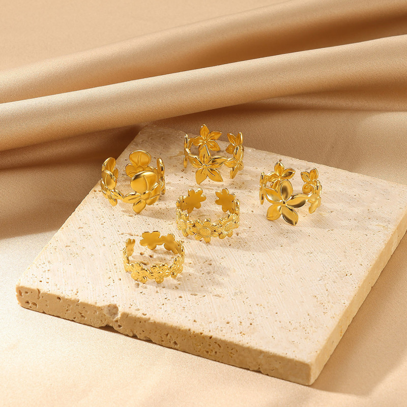 Cross-Border Hot-Selling Series Flower Splicing Stainless Steel Women's Ring Plated 18k Gold Flower Series Open Ring