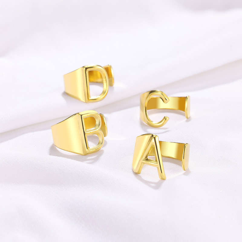 European and American Trendy Style Stainless Steel Gold-Plated 26 English Capital Letters Open Ring Cross-Border Wholesale