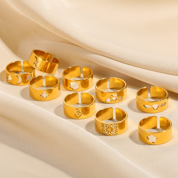 Amazon New Wide Stainless Steel Ring Five-Pointed Star Hollow Ring Unisex Angel Wings Ring