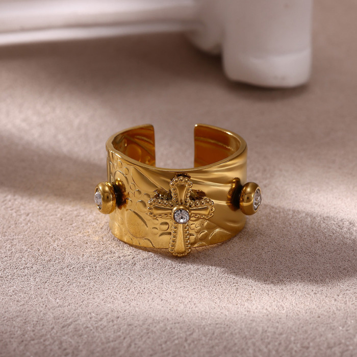 INS Cross Colorful Zircon Open Jewelry Women's Stainless Steel 18K Gold Plated Personality Wide Version Ring