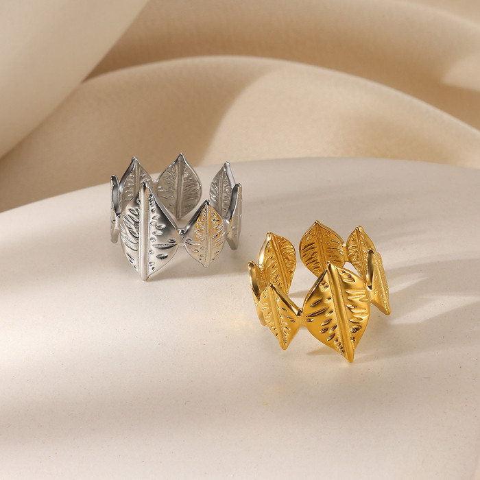 Simple Fashion Personality Geometric Ring for Women Double Layer 18K Gold Plated Stainless Steel Ring Bowknot Petal W...