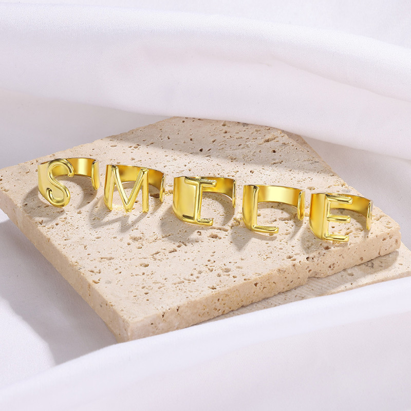 European and American Trendy Style Stainless Steel Gold-Plated 26 English Capital Letters Open Ring Cross-Border Wholesale