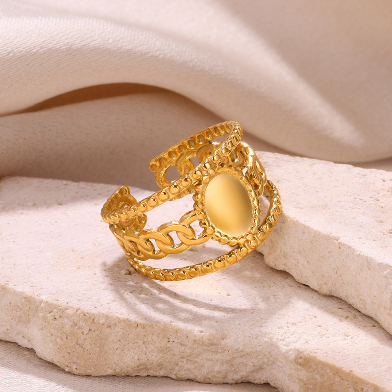 European and American New Fashion Stainless Steel Hydraulic Ring Wave Women's Ring Hollow Double Layer Open Ring Wholesale