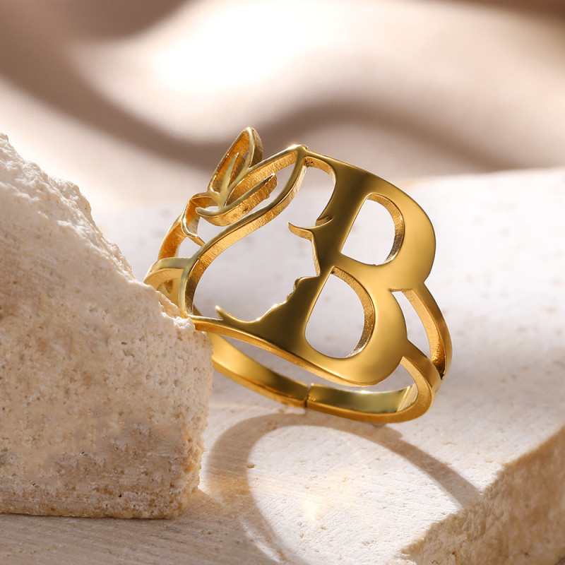 New European and American Style Letter Rings Stainless Steel Side Face Hollow Portrait 26 Letter Rings for Men and Women Wholesale