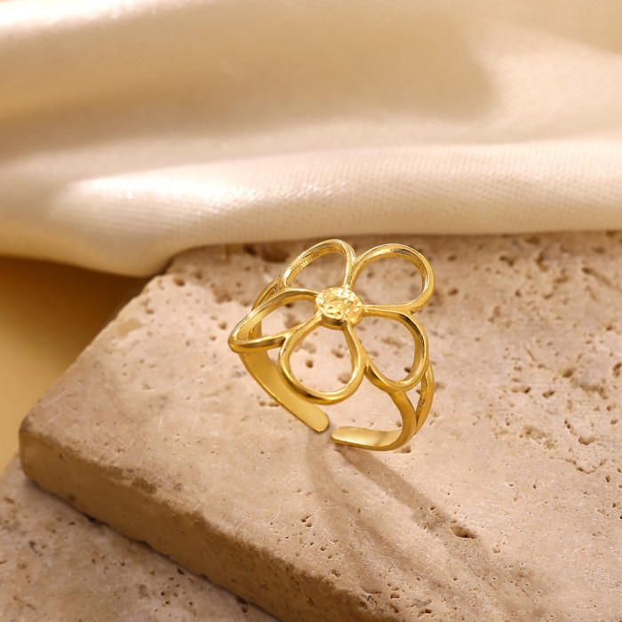 Korean Version New Stainless Steel Gold Plated Flower Hollow Open Adjustable Tail Ring Imitation Pearl Flower Jewelry
