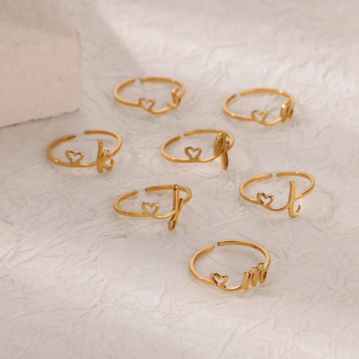 Fashion Simple Letter Gold Plated Stainless Steel Open Ring Heart Tail Ring Adjustable Wholesale