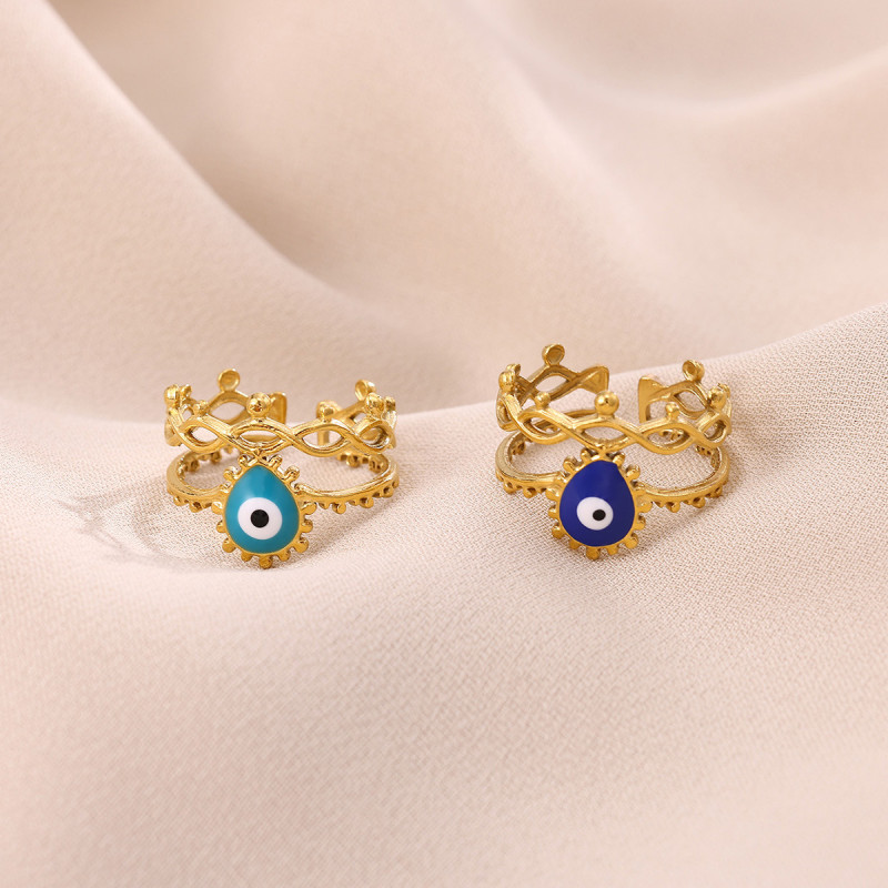 European and American New Style Stainless Steel Ring Vacuum Electroplated 18K Gold Devil's Eye Heart Eye Open Hand Jewelry