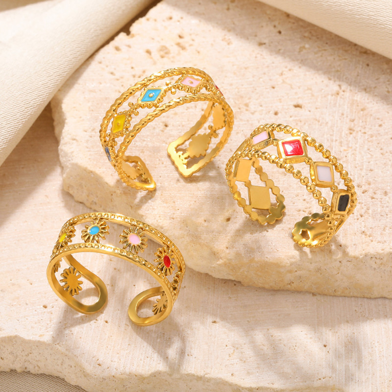 European and American New Style Simple Personality Niche Design Stainless Steel Open Adjustable Hollow Sun Oil Drop Ring for Women