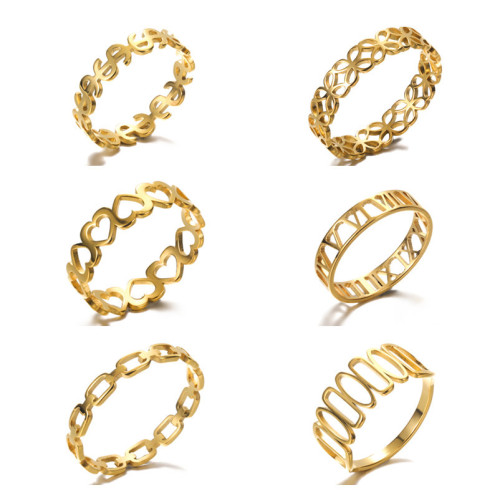 Korean Style Simple 18k Stainless Steel Hollow Ring Heart-Shaped Geometric Ring Unisex Roman Numeral Ring