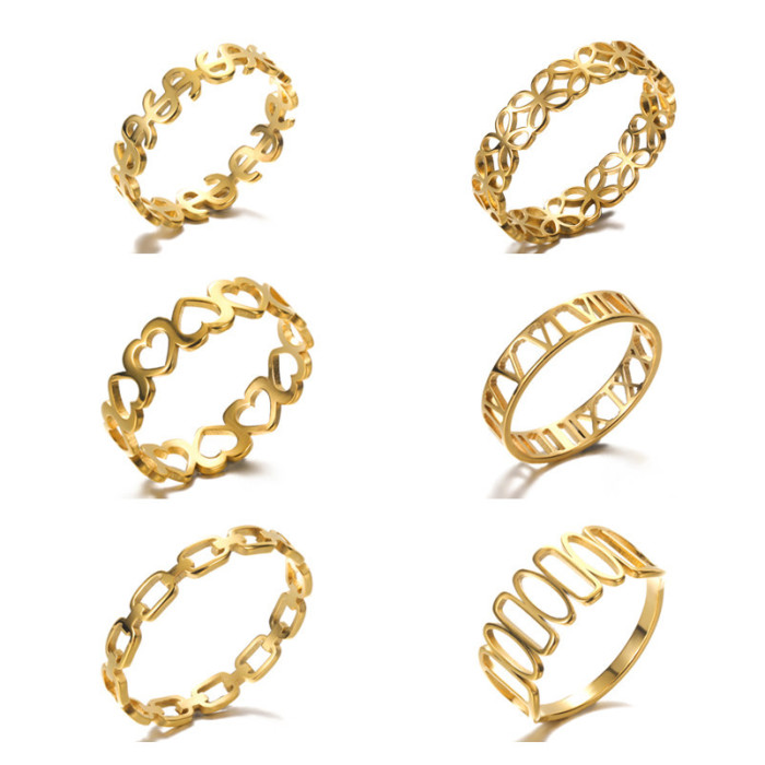 Korean Style Simple 18K Stainless Steel Hollow Ring Heart-Shaped Geometric Ring Unisex Roman Numeral Ring