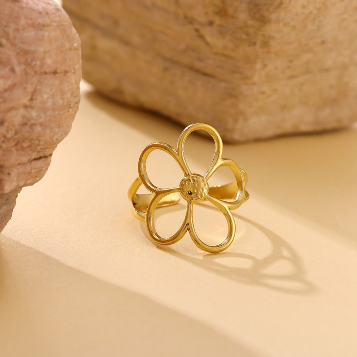 Korean Version New Stainless Steel Gold Plated Flower Hollow Open Adjustable Tail Ring Imitation Pearl Flower Jewelry