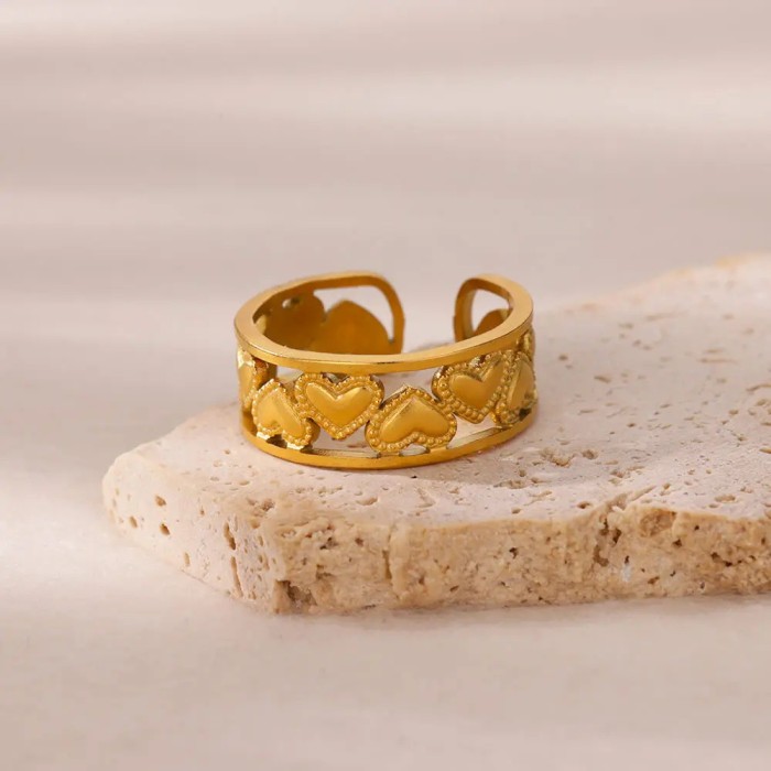 New Simple Heart-Shaped Stainless Steel Ring for Women, Heart Open Ring, 18K Gold Plated Ring