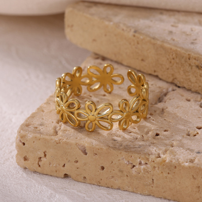 Minimalist New Stainless Steel Gold Hollow Flower Frame Ring for Women, Petal Geometric Open Ring, Jewelry