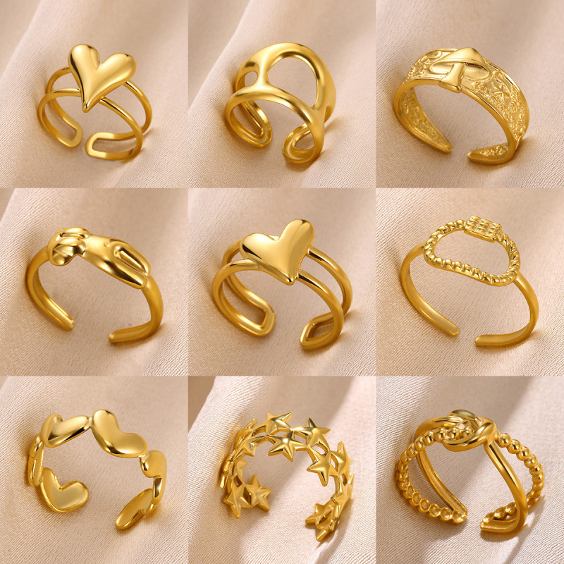 European and American New Heart-shaped Stainless Steel Women's Ring Geometric Hollow Star Ring 18k Gold Plated Open Ring