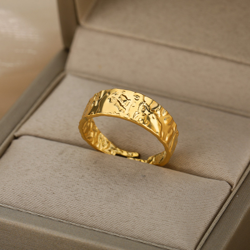 Minimalist Style Tin Foil Wrinkled Surface Trendy 18k Gold Plated Stainless Steel Wide Open Ring Unisex Ring