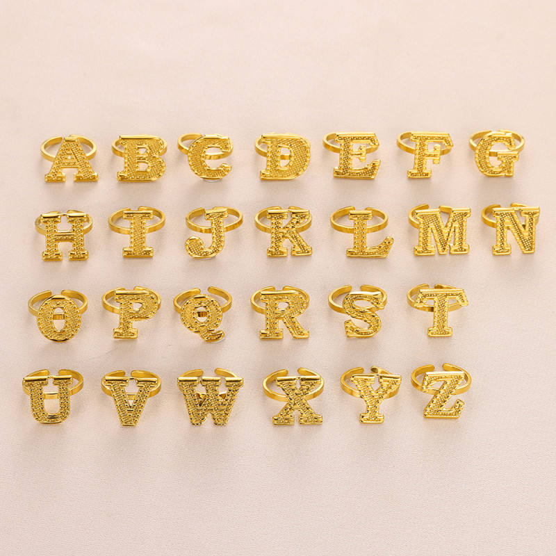 Cross-Border Hot Sale Large Letter Stainless Steel 18K Gold Plated 26 English Alphabet Rings Adjustable Open Rings