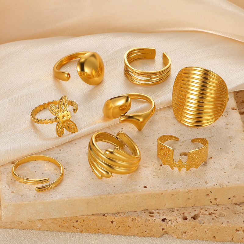 Cross-Border Foreign Trade Wholesale Textured Curved Geometric Ring Niche French Style Stainless Steel Gold-Plated Wide Tail Ring