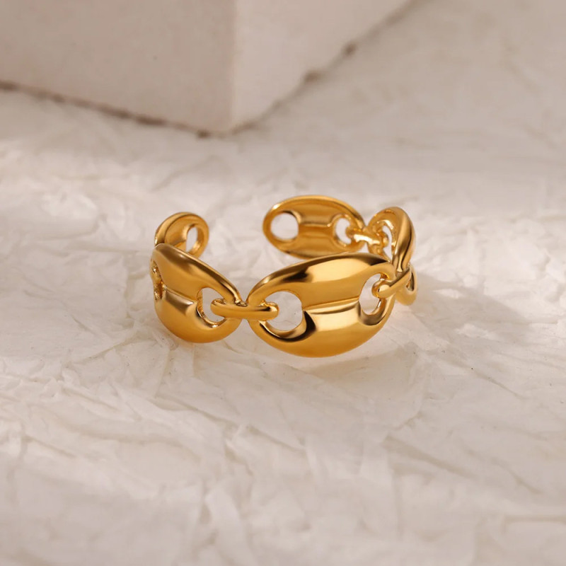 European and American Cross-Border INS Style Stainless Steel Open Ring for Women, Vintage Exaggerated Geometric Irregular 18K Gold Color Ring