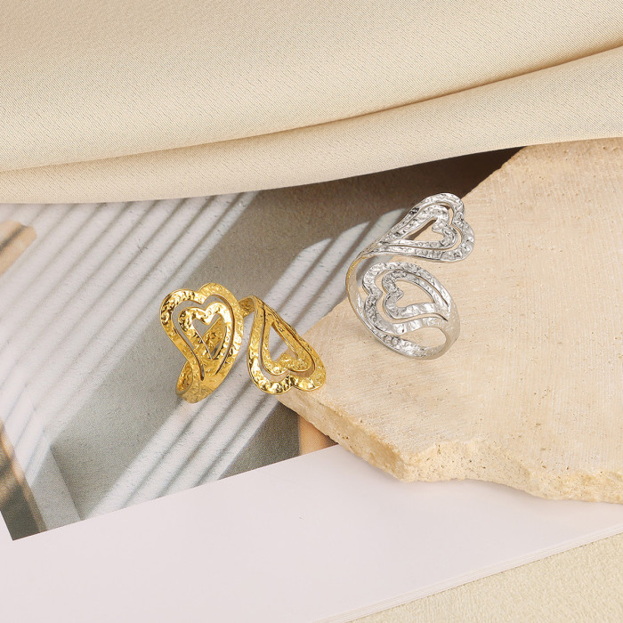 Simple New Style Women's Geometric Round Square Ring Stainless Steel Gold Plated Heart-shaped Open Ring Wholesale