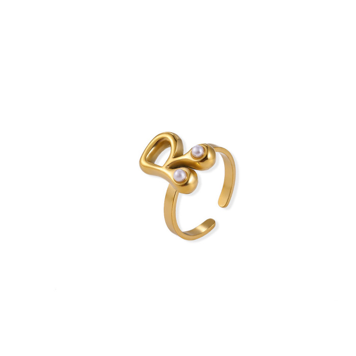 Amazon New Stainless Steel Gold Plated Imitation Pearl 26 English Letter Adjustable Open Ring