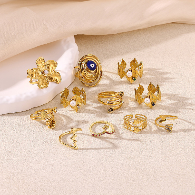 Cross-Border New Stainless Imitation Pearl Multi-Layer Zircon Ring 18K Gold Plated Flower Open Ring One Piece Dropshipping