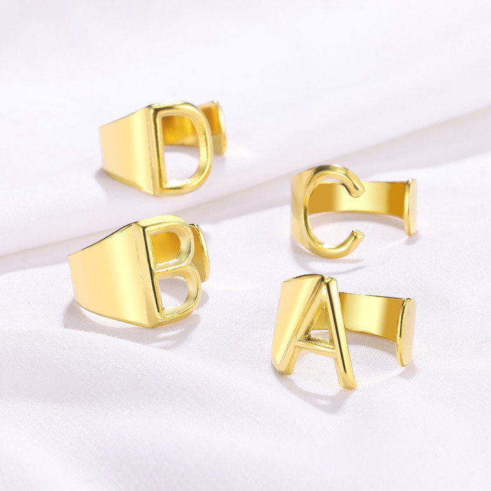 Trendy Style Stainless Steel Gold-Plated 26 English Capital Letters Open Ring Wholesale