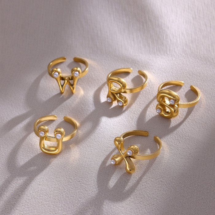 Amazon New Stainless Steel Gold Plated Imitation Pearl 26 English Letter Adjustable Open Ring