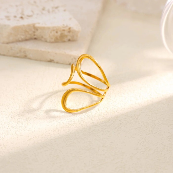 Cross-Border Simple New Style Women's Geometric Line Hollow Ring Stainless Steel Gold-Plated Multi-Layer Open Titanium Steel Ring