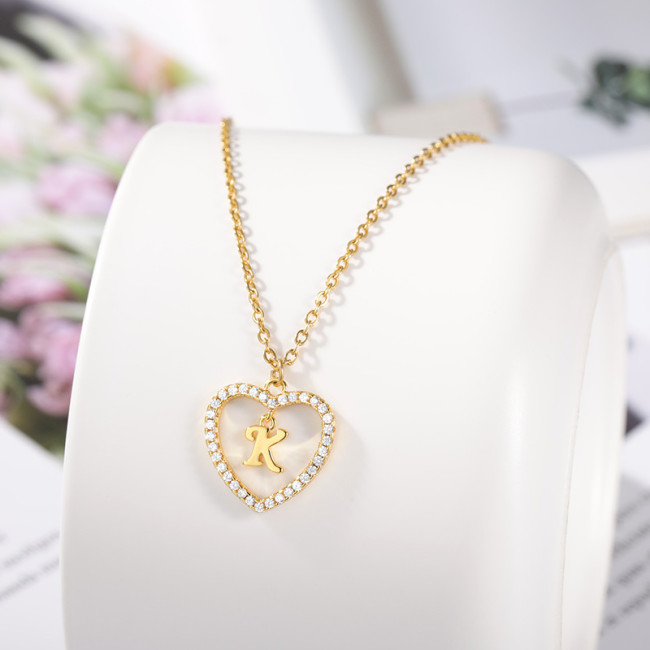 AliExpress Cross-Border Jewelry Heart Hollow 26 Letter Pendant Copper Zircon Stainless Steel Chain Heart Pendant