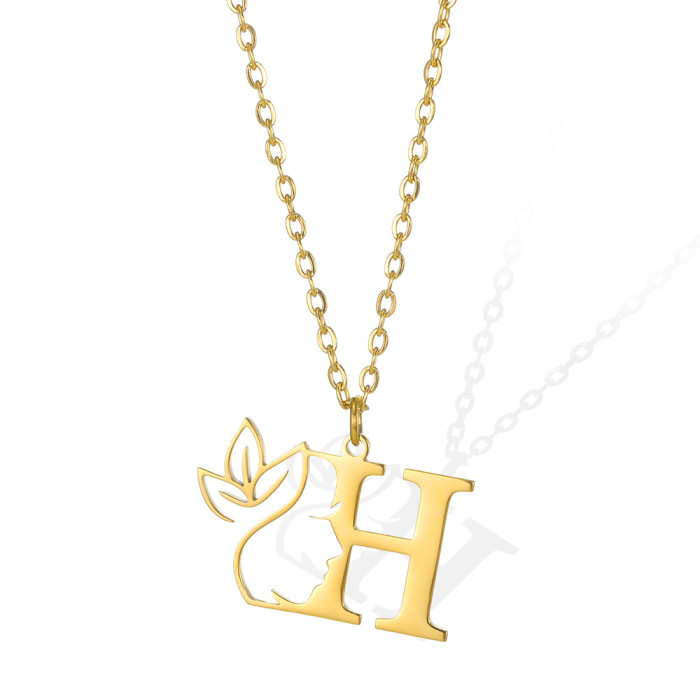 New European and American Style Letter Necklace Stainless Steel Side Face Hollow Portrait 26 Letters Necklace Unisex Jewelry Wholesale