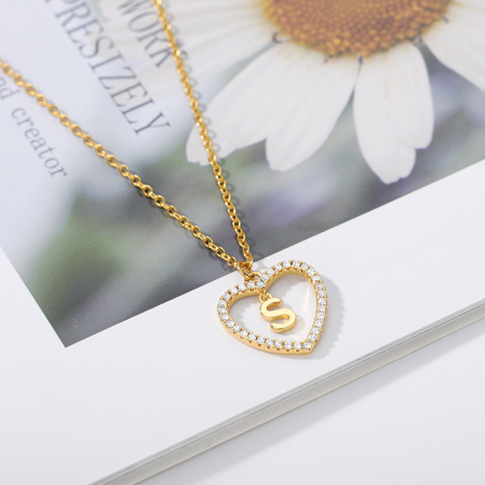 AliExpress Cross-Border Jewelry Heart Hollow 26 Letter Pendant Copper Zircon Stainless Steel Chain Heart Pendant