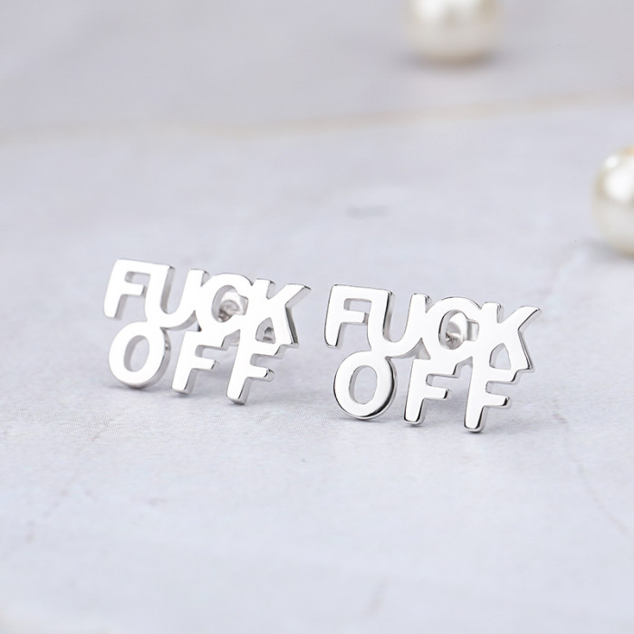 Cross-Border E-commerce Hot Sale English Letter Earrings Ear Clips FUCK OFF Rose Gold Earrings for Women Simple Versatile Style