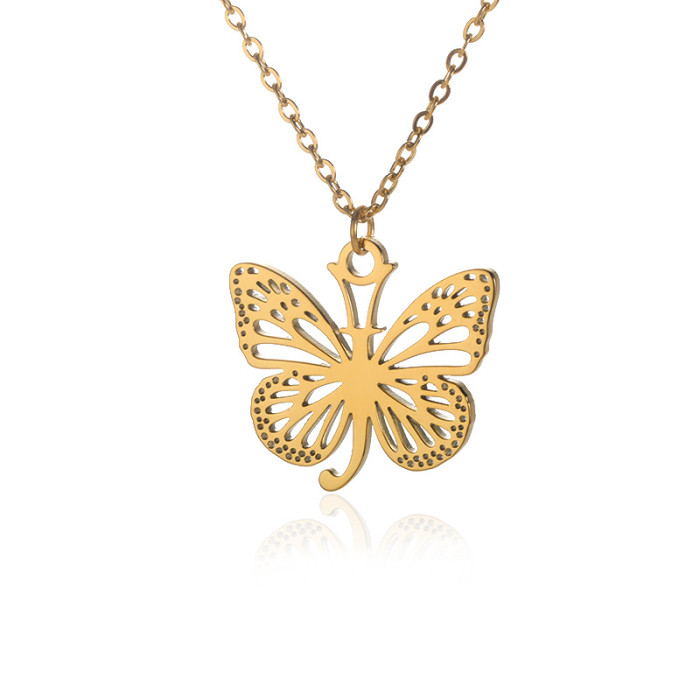 Amazon New Stainless Steel Butterfly Wing Letter Pendant Women 26 Letters Necklace Hollow Butterfly Necklace