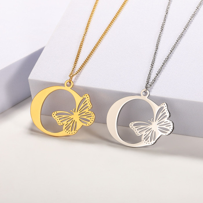 Cross-Border New 18k Gold Plated Stainless Steel Butterfly Letter Pendant Women 26 Letters Necklace Hollow Butterfly Necklace