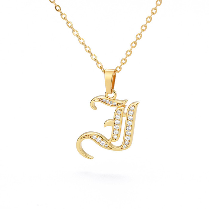 European and American Cross-Border Jewelry Ancient English Letter Pendant Copper Zircon Necklace Stainless Steel Chain 18K One Piece Dropshipping