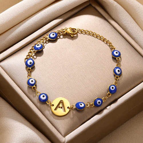 European and American New Style Devil's Eye Letter Bracelet for Women, Gold Stainless Steel Chain, Adjustable Fashion Lucky Jewelry