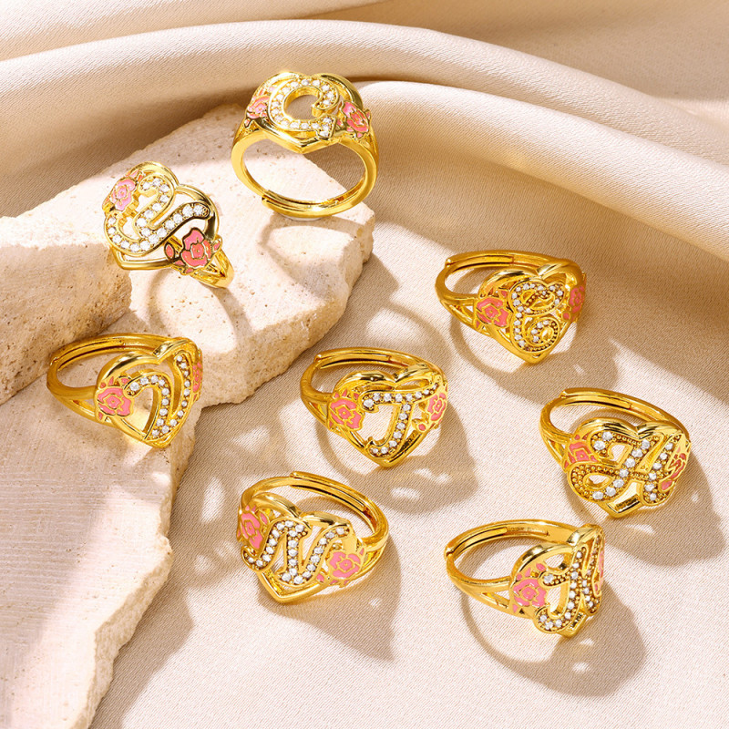 Cross-Border Hot Sale Drip Oil Color Letter A-Z Open Copper Inlaid Zircon Women Adjustable Fashion Ring Minimum Order One Piece