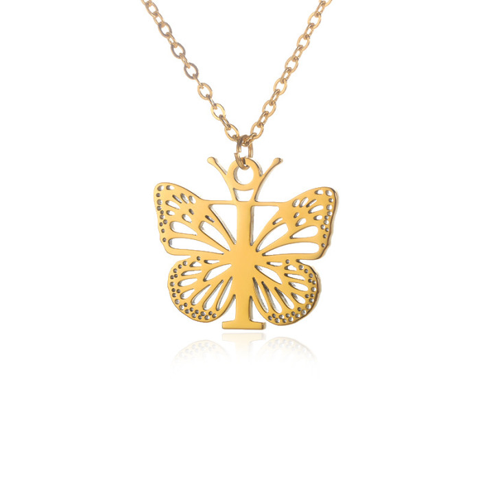 Amazon New Stainless Steel Butterfly Wing Letter Pendant Women 26 Letters Necklace Hollow Butterfly Necklace