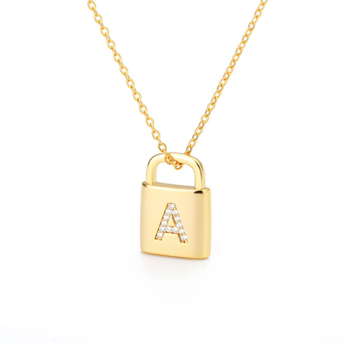 Cross-Border Jewelry Peace Lock Capital Letter Pendant Copper Zircon Necklace Stainless Steel Chain Letter Necklace