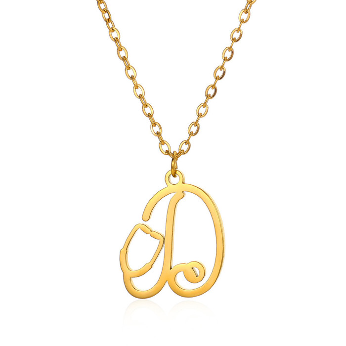 European and American Hot Selling A-Z Stainless Steel English Letter Pendant Women's Necklace Stethoscope Necklace Niche Design Clavicle Chain