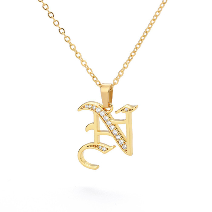 European and American Cross-Border Jewelry Ancient English Letter Pendant Copper Zircon Necklace Stainless Steel Chain 18K One Piece Dropshipping